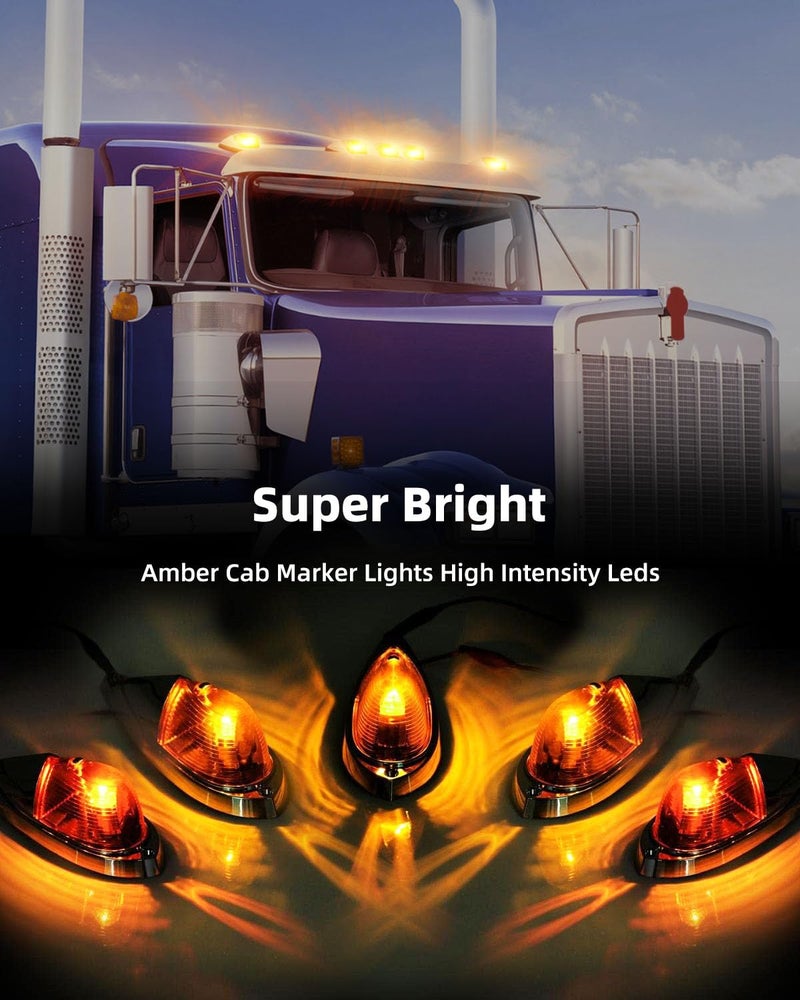 LBRST 5 x 17 LED Chrome Truck Roof Lights Amber Torpedo Cab Marker Roof Running Top Lights Assembly Heavy Duty Trucks Replacement for Peterbilt/Freightliner/Mack Clear Lens (5 pcs) - Image 2